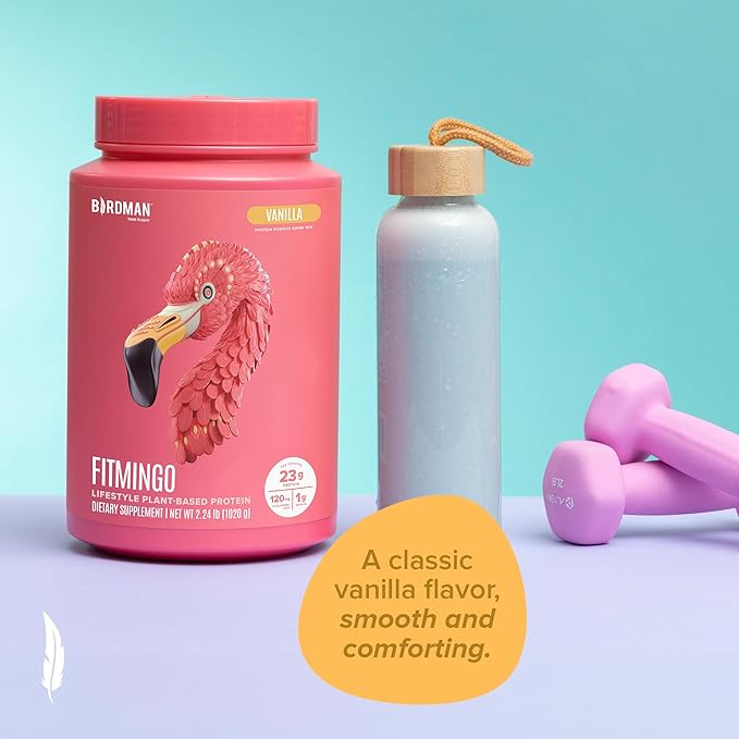 BIRDMAN Fitmingo Vegan Protein Powder with Inositol, Collagen Boosters, Hyaluronic Acid and Vitamins | Low Carb, Dairy Free, Lactose Free, Low Calorie | 23g Plant Based Vanilla Protein Powder