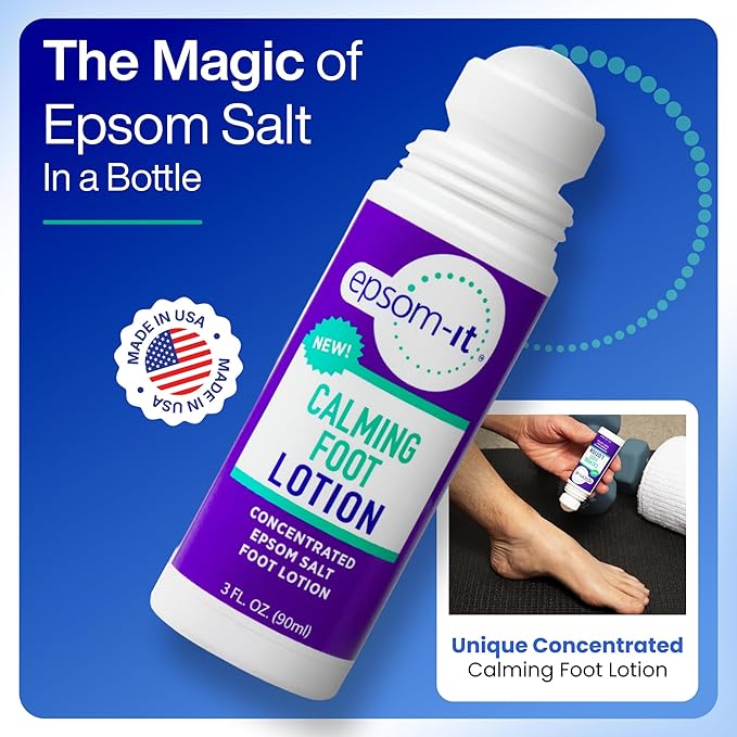 EPSOM-IT Calming Foot Lotion - Roll On Magnesium Sulfate Lotion for Tired Feet & Ankles, Topical Epsom Salt with Urea, Soften Tough Skin and Cracked Heels, Providing Comfort for Legs and Feet 3.0 oz