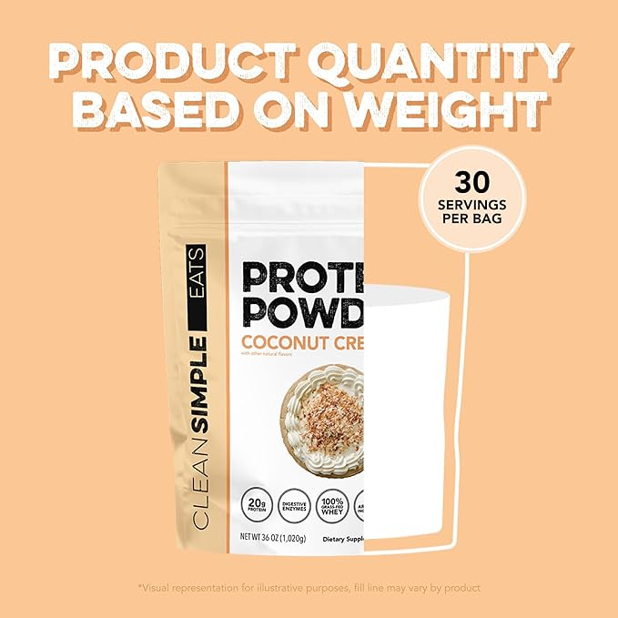 Clean Simple Eats Whey Protein Powder, Coconut Cream Flavor Naturally Sweetened, 100% Grass Fed Protein Powder with Digestive Enzymes & No Artificial Ingredients, Gluten Free, 30 Servings
