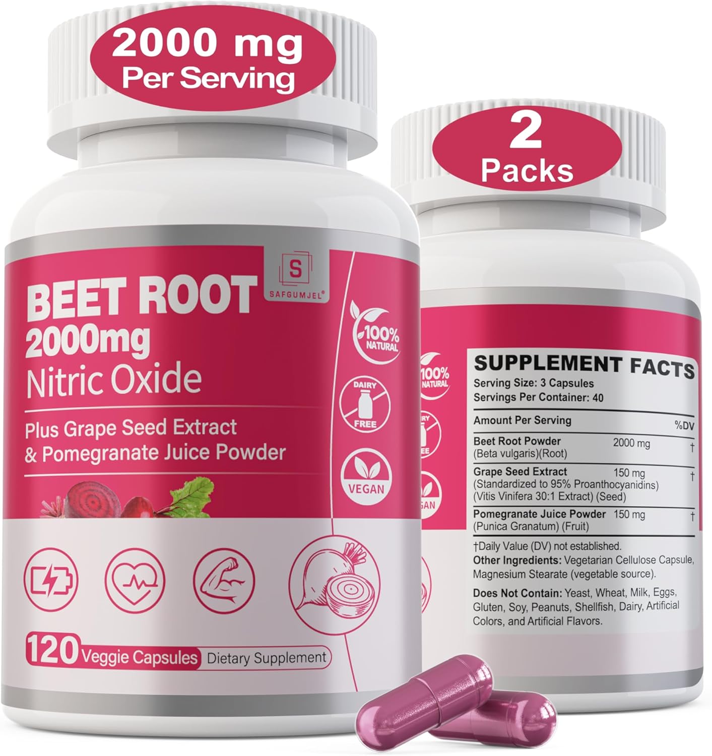Beet Root Capsules 2000mg Nitric Oxide Supplements w/ Grape Seed Extract, Pomegranate Extract Supports Circulation & Blood Flow, Energy for Men/Women, Organic Beetroot Powder, Non GMO, 240 Counts
