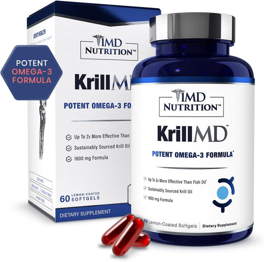 1MD Nutrition KrillMD - Antarctic Krill Oil Omega 3 Supplement with Astaxanthin, EPA, DHA | 2X More Effective Than Fish Oil | 60 Softgels