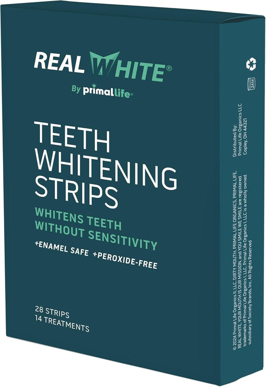 Primal Life Organics Real White Teeth Whitening Strips, All-Natural, Peroxide-Free, 28 Strips, 14 Treatments