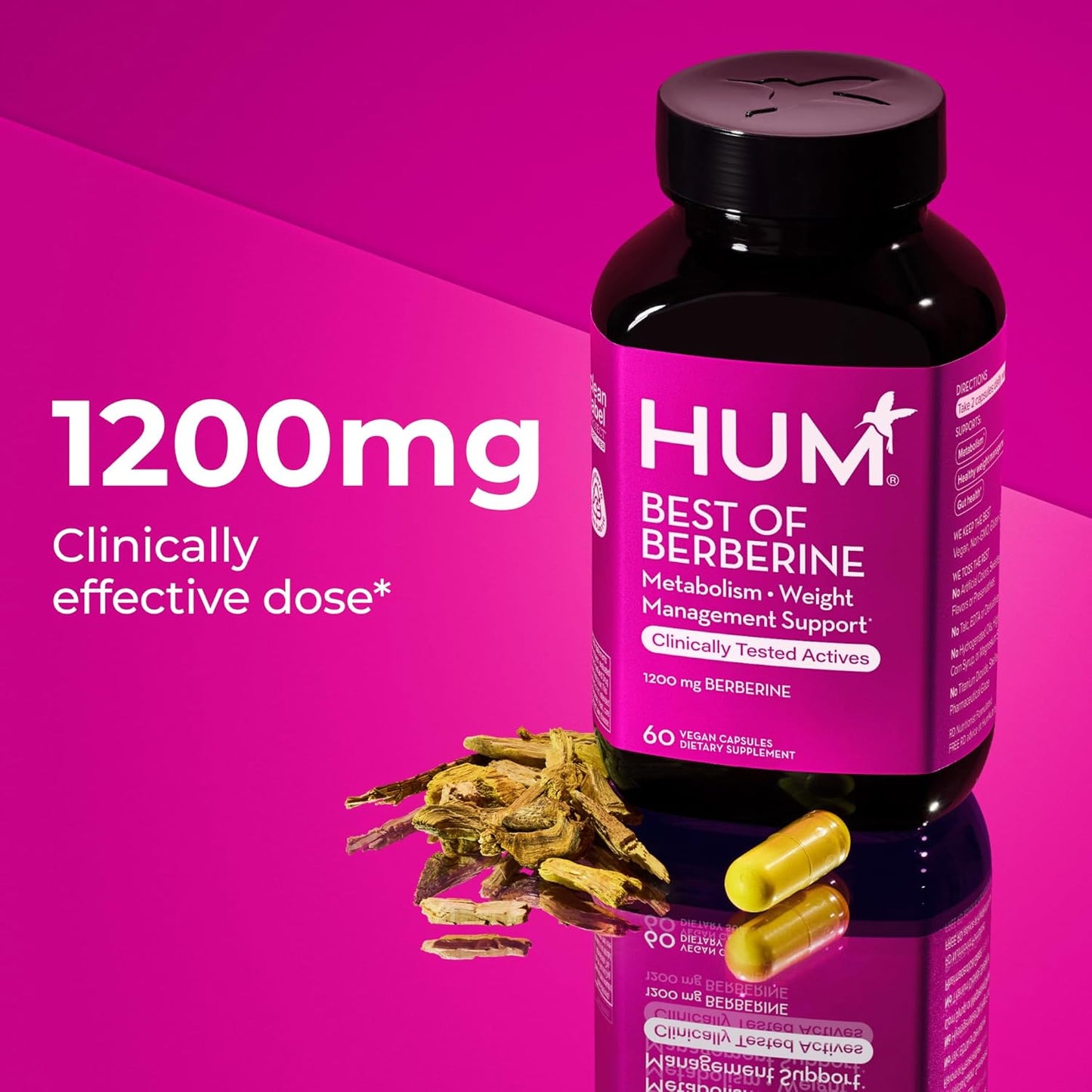 HUM Best of Berberine Supplement 1200mg, Pure Potency for Metabolic Wellness, Gut Health, Pure Berberine Supplements Enhanced with BioPerine for Maximum Absorption, 60 Capsules