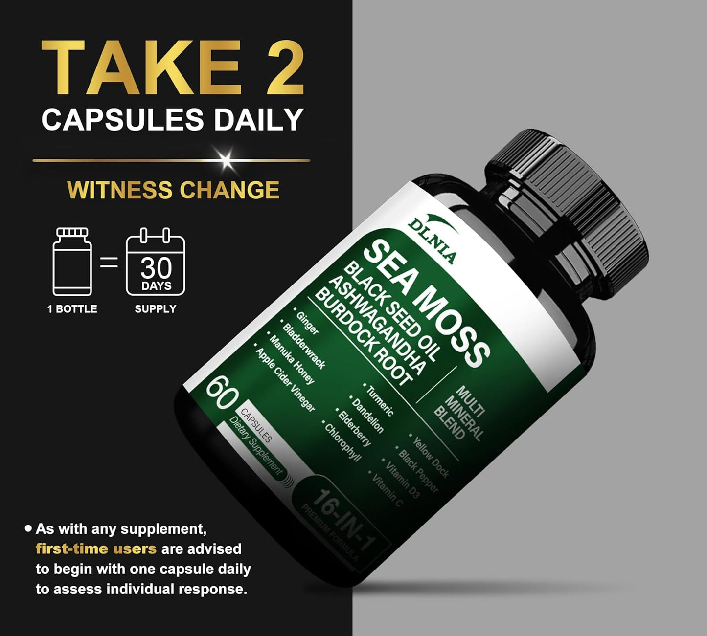 16-in-1 Organic Sea Moss Gel Alternative Capsules – Superfood Blend with Ashwagandha, Black Seed Oil, Turmeric, Bladderwrack, Burdock, Elderberry, Manuka, Dandelion, Yellow Dock, Vitamin C & D3