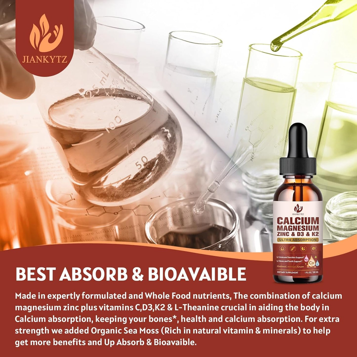 (2 Pack) Calcium Magnesium Zinc Liquid Drops for Women and Men - Bone & Teeth, Immune Support, Calcium Citrate 1200mg with Vitamin D3 Liquid Drops for Adults, Sugar Free, Vegan, Orange Flavor