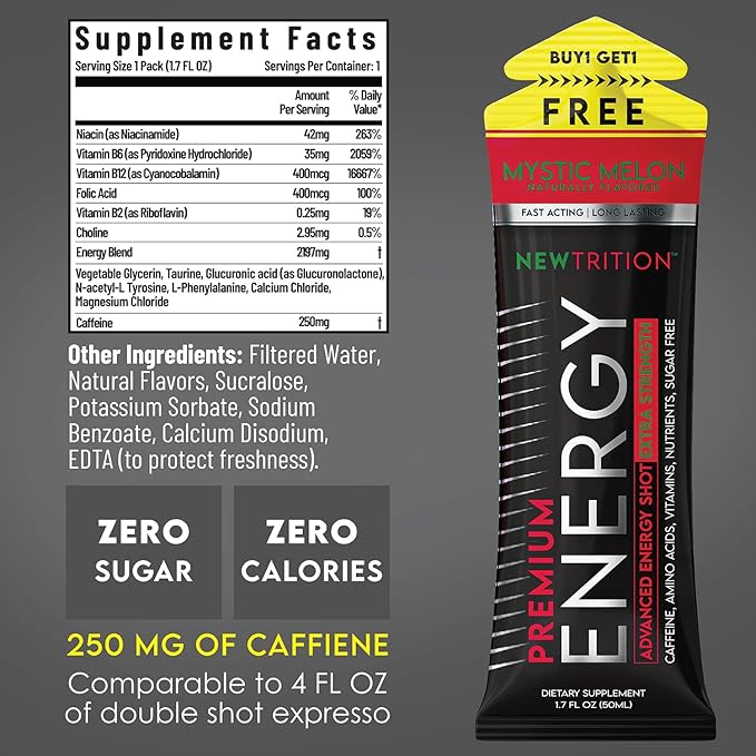 NewTrition® Extra Strength Energy Shots 1.7 fl oz - 250mg Caffeine with B Vitamins & Amino Acids, Sugar-Free Zero Calorie Vitamin Energy Drink for Focus & Endurance (Pack of 24, 4 Flavors - Mixed 1)