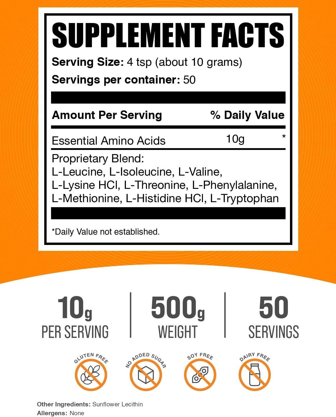 BulkSupplements.com Essential Amino Acids Powder - Essential Amino Acids Supplement, EAA Powder - Unflavored & Gluten Free, 10g per Serving, 500g (1.1 lbs) (Pack of 1)