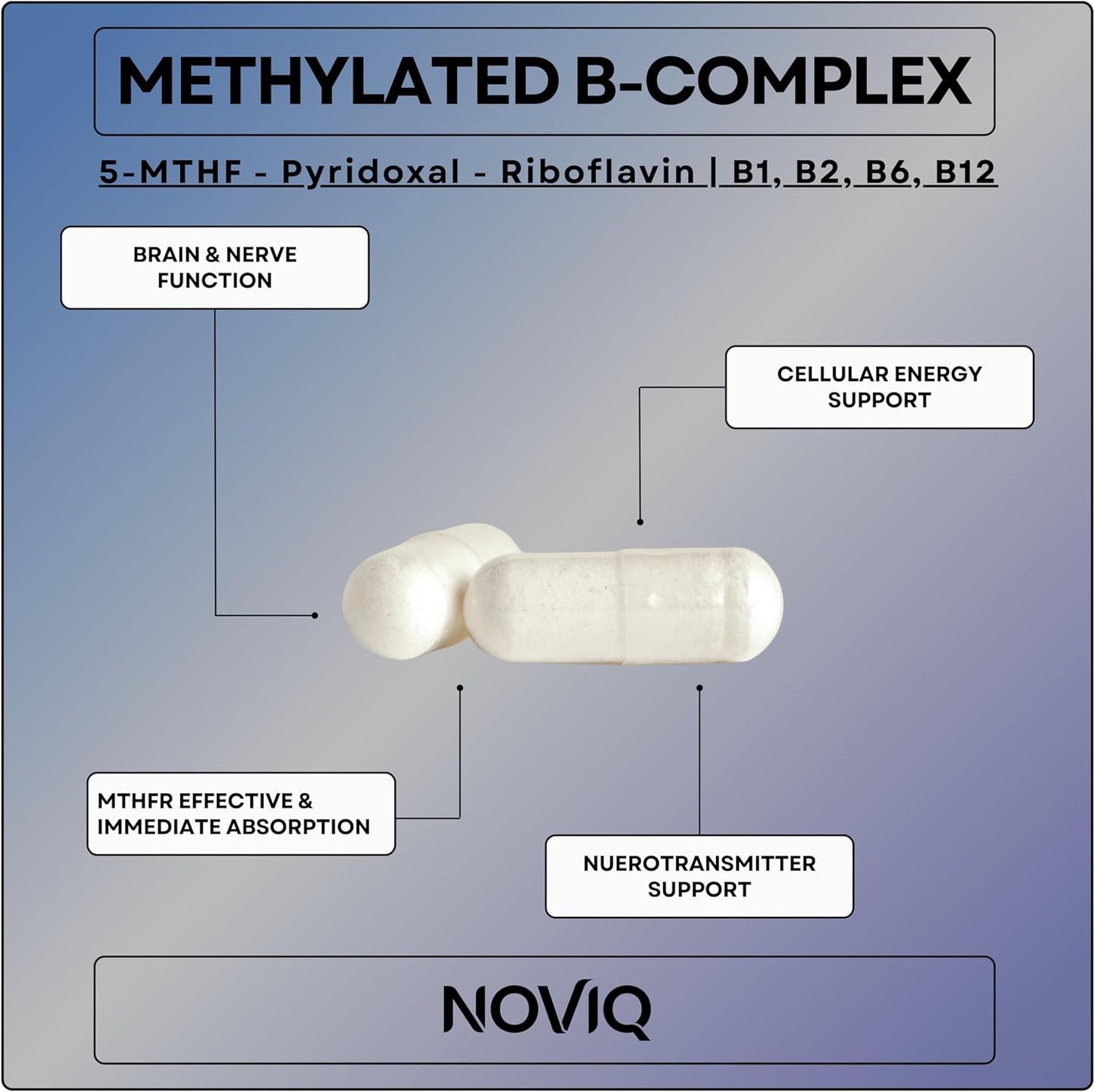 11-in-1 Methylated B-Complex Supplement: 680mcg L-Methylfolate(5-MTHF) Thiamine(B1) Riboflavin(B2) Pyridoxal(B6) Methylcobalamin(B12) - VegD3® + Nootropics - 1,100mg+ Serving - 60 Count