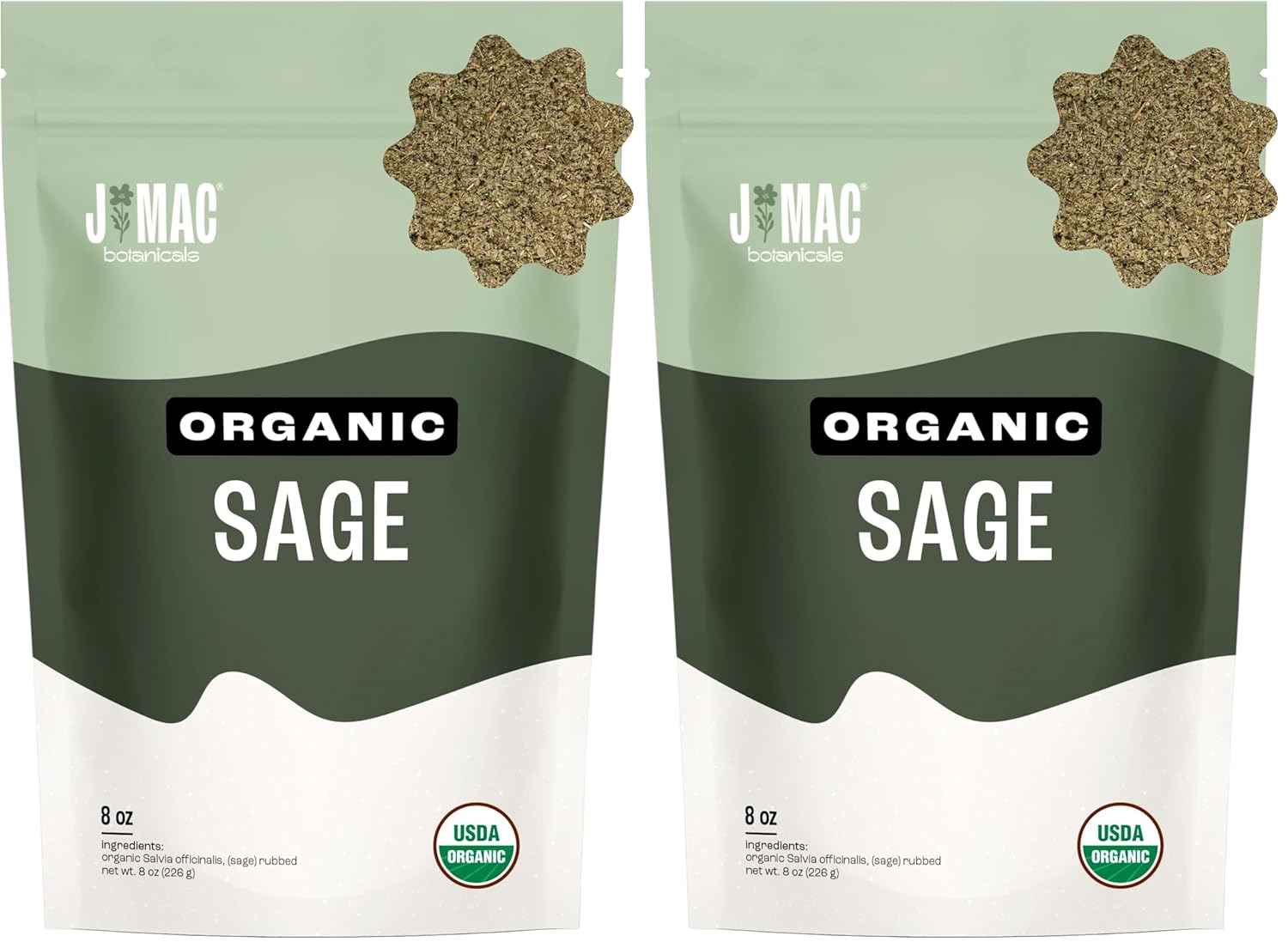 J Mac Botanicals, Organic Rubbed Sage (8 oz), Certified USDA Organic, Dried Rubbed Sage Leaf. Culinary Grade-excellent for sausage making, fresh Albanian harvest (Pack of 2)
