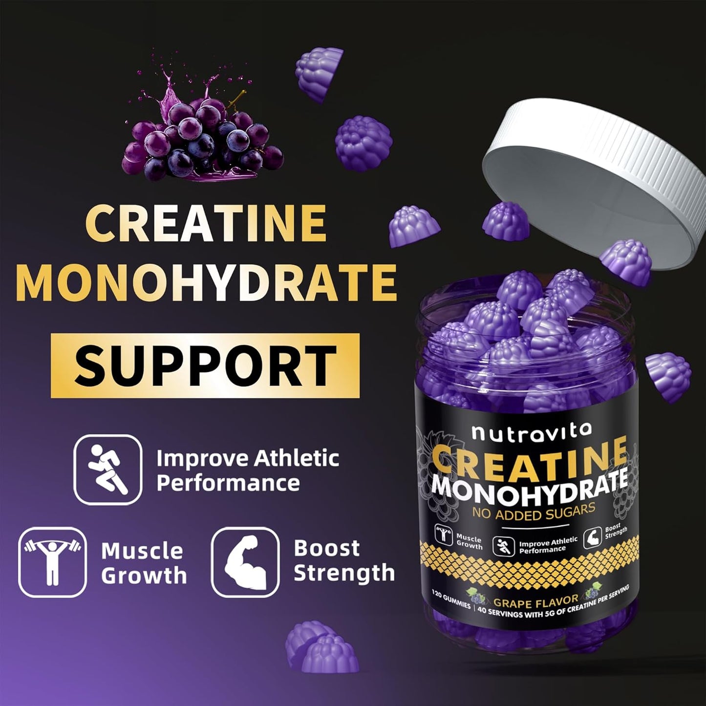 Creatine Monohydrate Gummies for Men & Women-5g of Creatine Monohydrate per Serving - Sugar Free,Vegan, Grapes Flavor, 120 Count