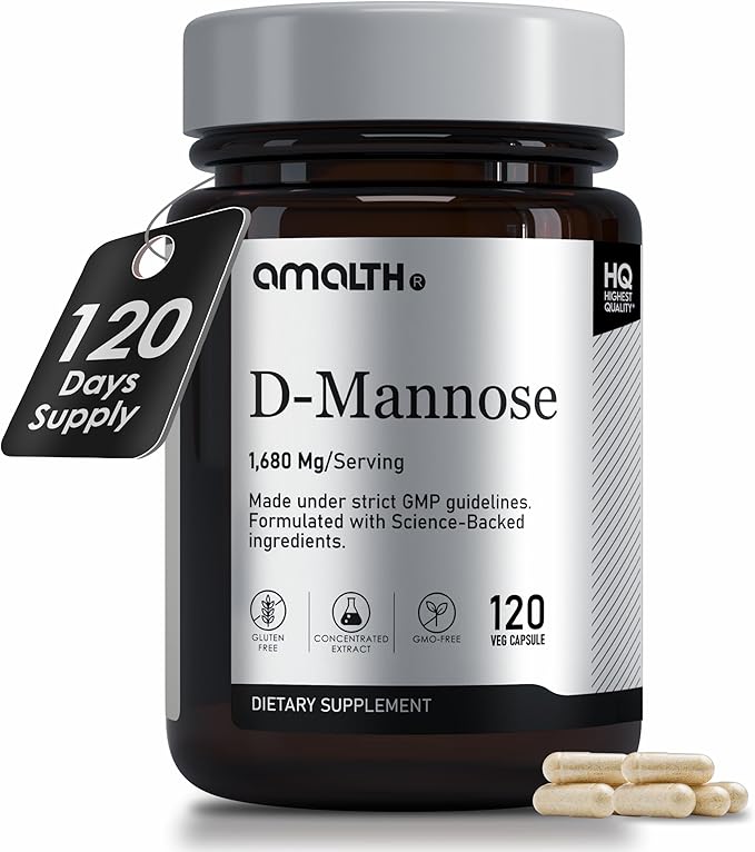 AMALTH D-Mannose Capsules 1680 mg per Serving, 120 Vegan Capsules, Pure Single Ingredient Mannose Supplement, Urinary Tract Support, UTI Wellness Support, Non GMO, Gluten Free