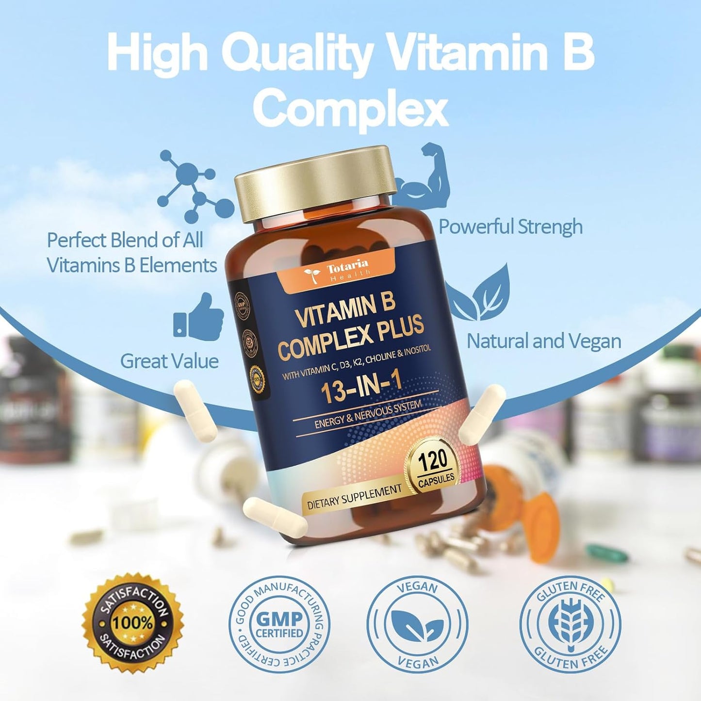13-in-1 Vitamin B Complex Plus with Vitamin B1, B2, B3 (Niacinamide), B4, B5, B6, B7 (Biotin), B8 (Inositol), B9 (Folate), B12, C, D3, K2 - Energy, Nerve, Immune, Skin Support - 120 Vegan Capsules