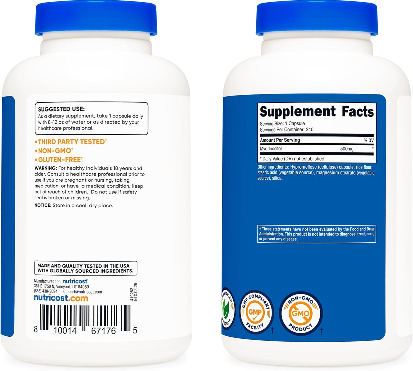 Nutricost Inositol Capsules 500mg, 240 Capsules - Veggie Capsules, Non-GMO, Gluten Free (Myo-Inositol)