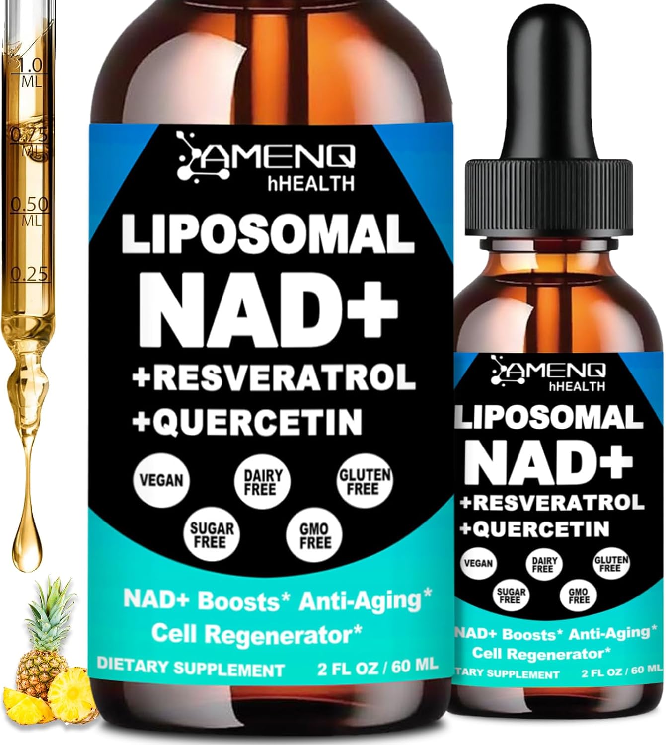 2 Pack NAD Supplement, Liposomal NAD Nicotinamide Riboside Resveratrol 900mg Quercetion, TMG, Vitamin B3, High Potency NAD+ Liquid Supplement for Cell Regenerator, Longevity, Energy