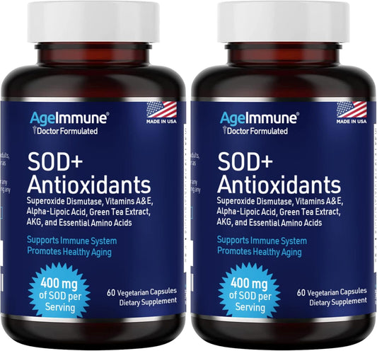 SOD Antioxidants Complex Healthy Aging Supplement, 400mg of Superoxide Dismutase, Alpha Lipoic Acid, Green Tea Extract, L-Arginine, Lysine, AKG, Vitamin A, Vitamin E - 60 Capsules -2 Bottles
