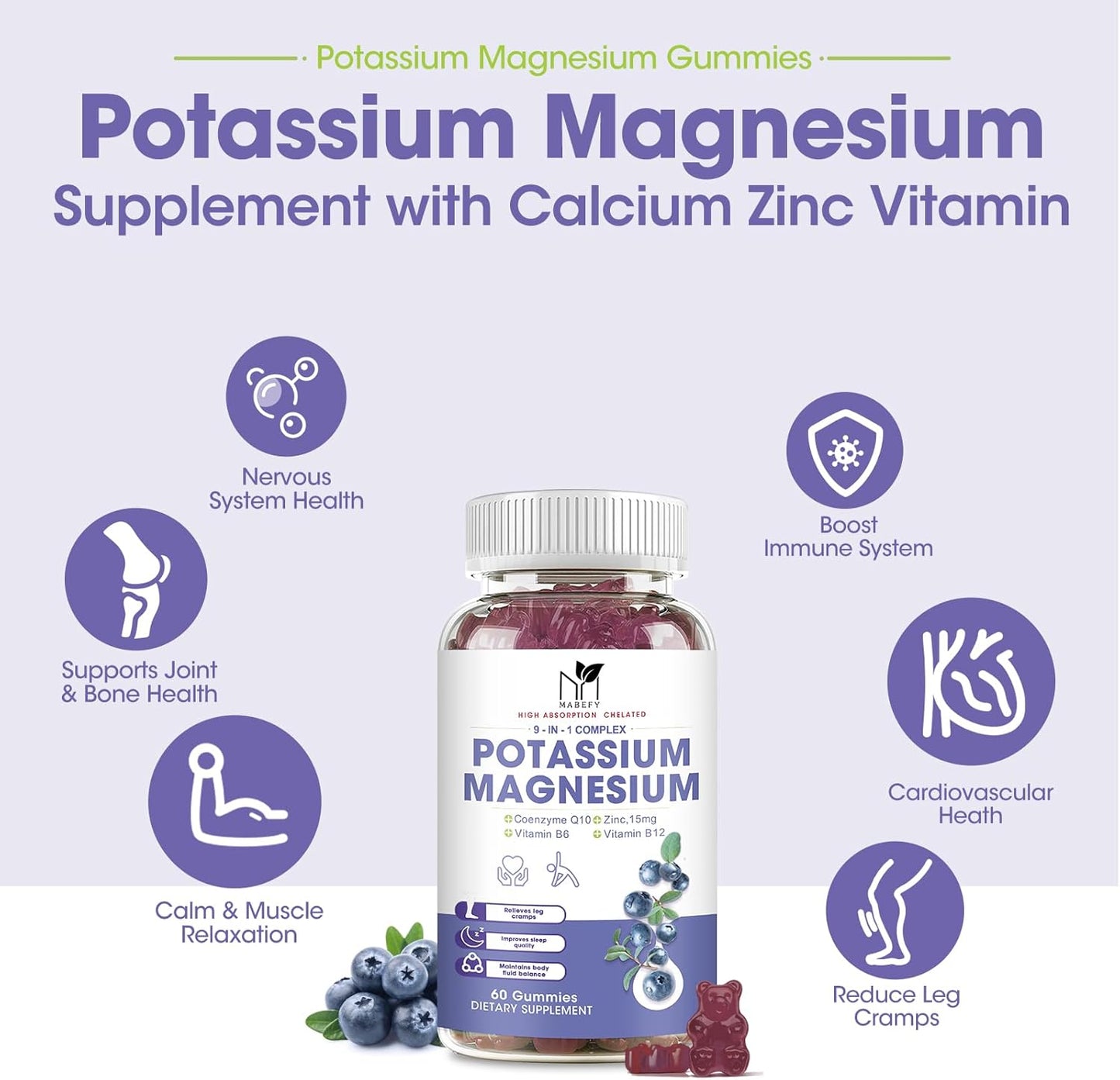 2 Pack Potassium Magnesium Gummies, Sugar-Free Potassium Gummies with Magnesium Glycinate 500mg Chewable Magnesium Potassium Supplements with Calcium, Zinc, Vitamin for Leg Cramps & Muscle