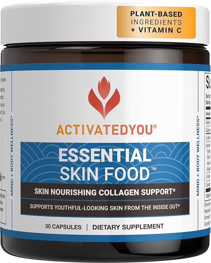 ACTIVATEDYOU Essential Skin Food, Advanced Skincare Collagen Elastin Support Supplement for Aging Skin, Helps Improve Appearance of Face Texture, Sagging w/Dermaval, Vitamin C, Lysine (30 Capsules)