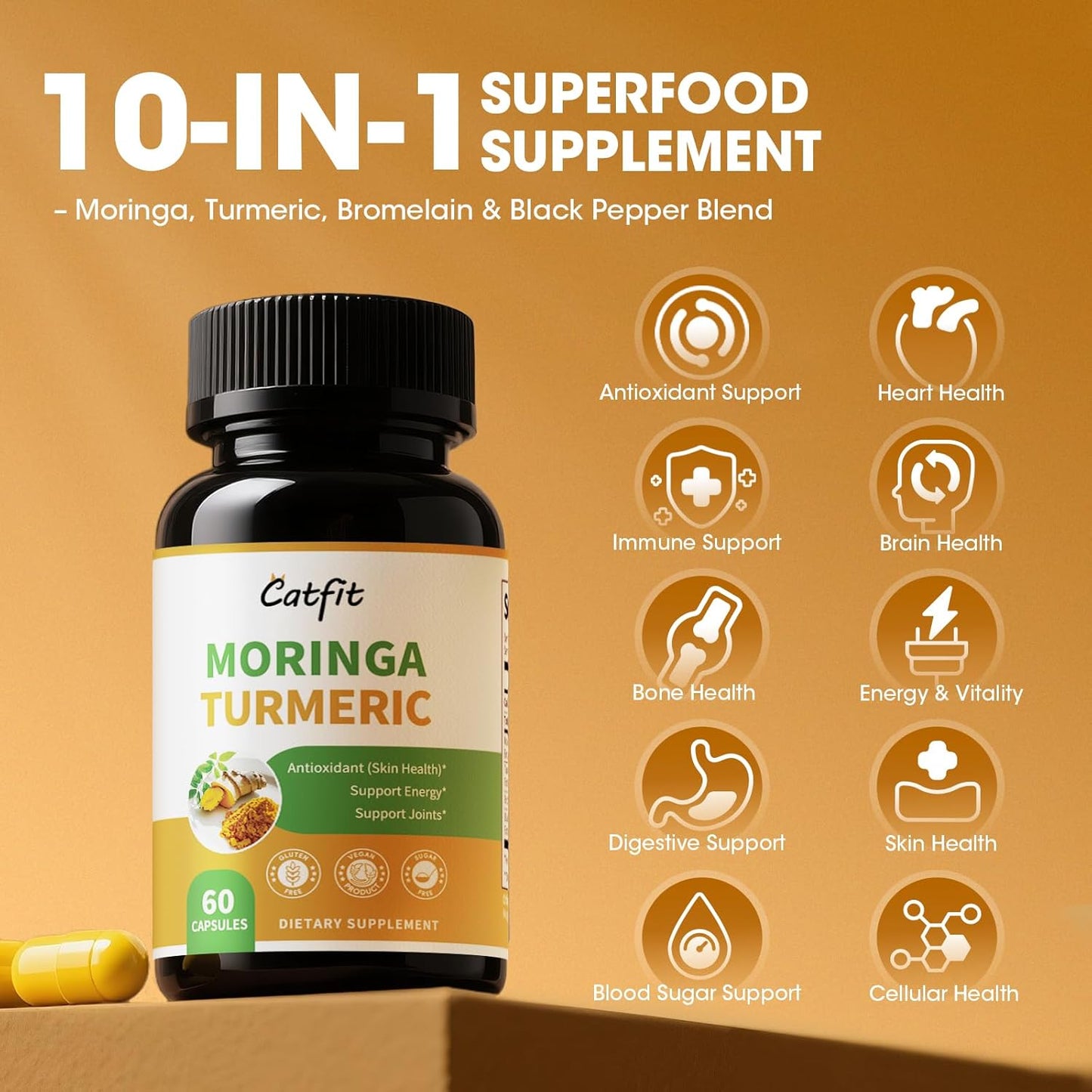 2 Pack Moringa Capsules, Moringa Powder with Turmeric, Bromelain and Black Pepper, 4-in-1 Superfood for Energy, Immune, Digestion and Antioxidant Support, Vegan, Gluten-Free, 120 Count