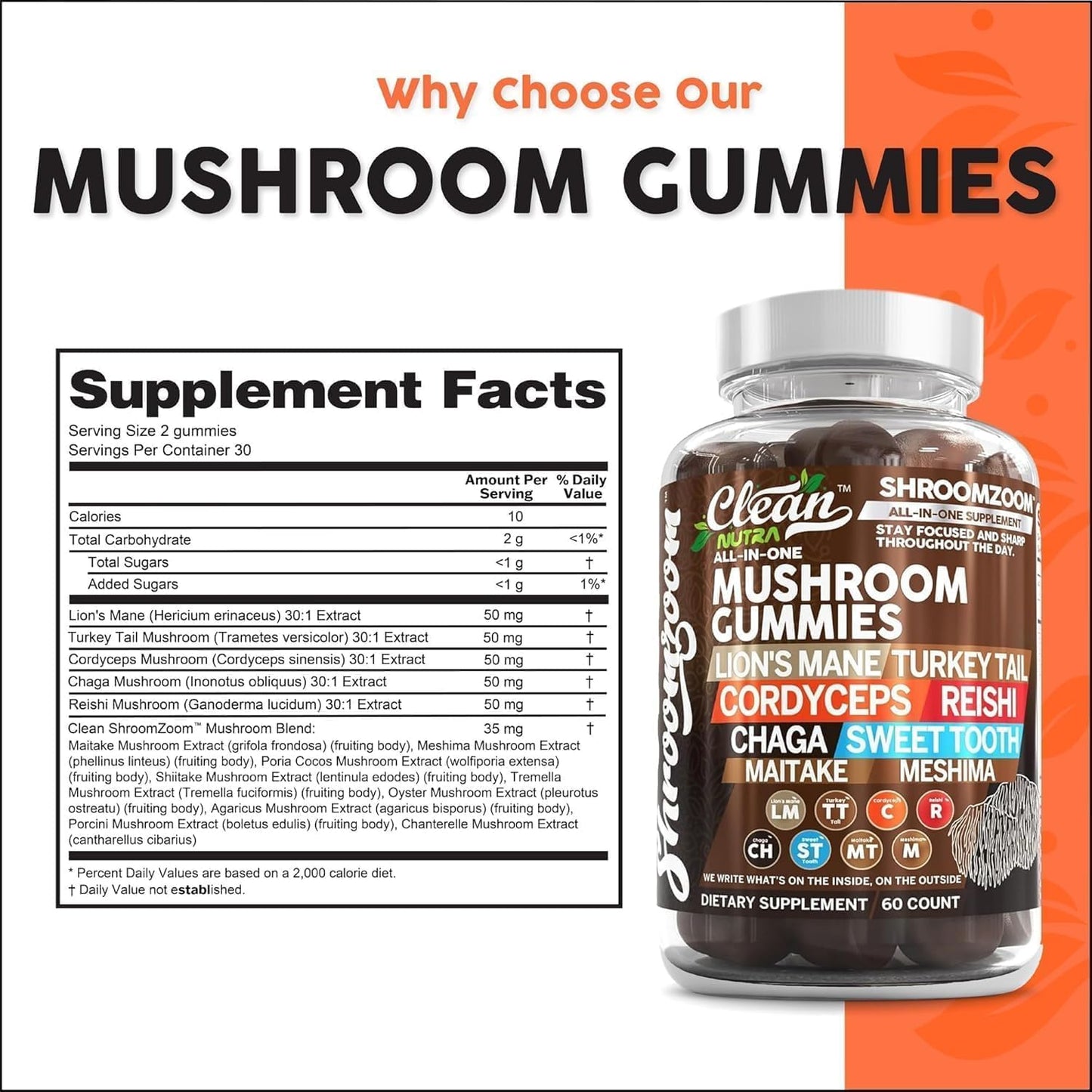 15in1 Mushroom Gummies with Lion's Mane Turkey Tail Cordyceps Reishi Chaga Sweet Toot Maitake Meshima Poria Cocos Shiitake Tremella, Oyster Agaricus Mushrooms for Men and Women Supplement Clean Nutra