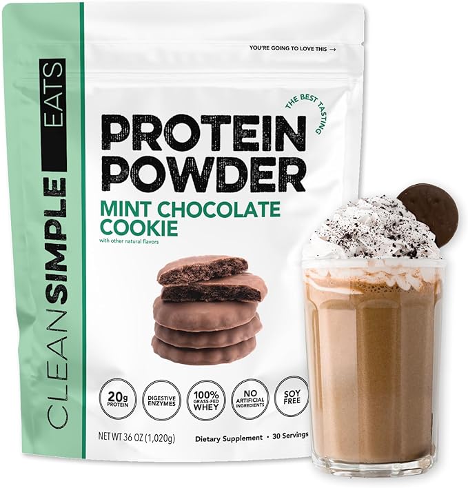 Clean Simple Eats Whey Protein Powder, Mint Chocolate Cookie Flavor, Naturally Sweetened, 100% Grass Fed Protein Powder with Digestive Enzymes, No Artificial Ingredients, Gluten Free, 30 Srvgs