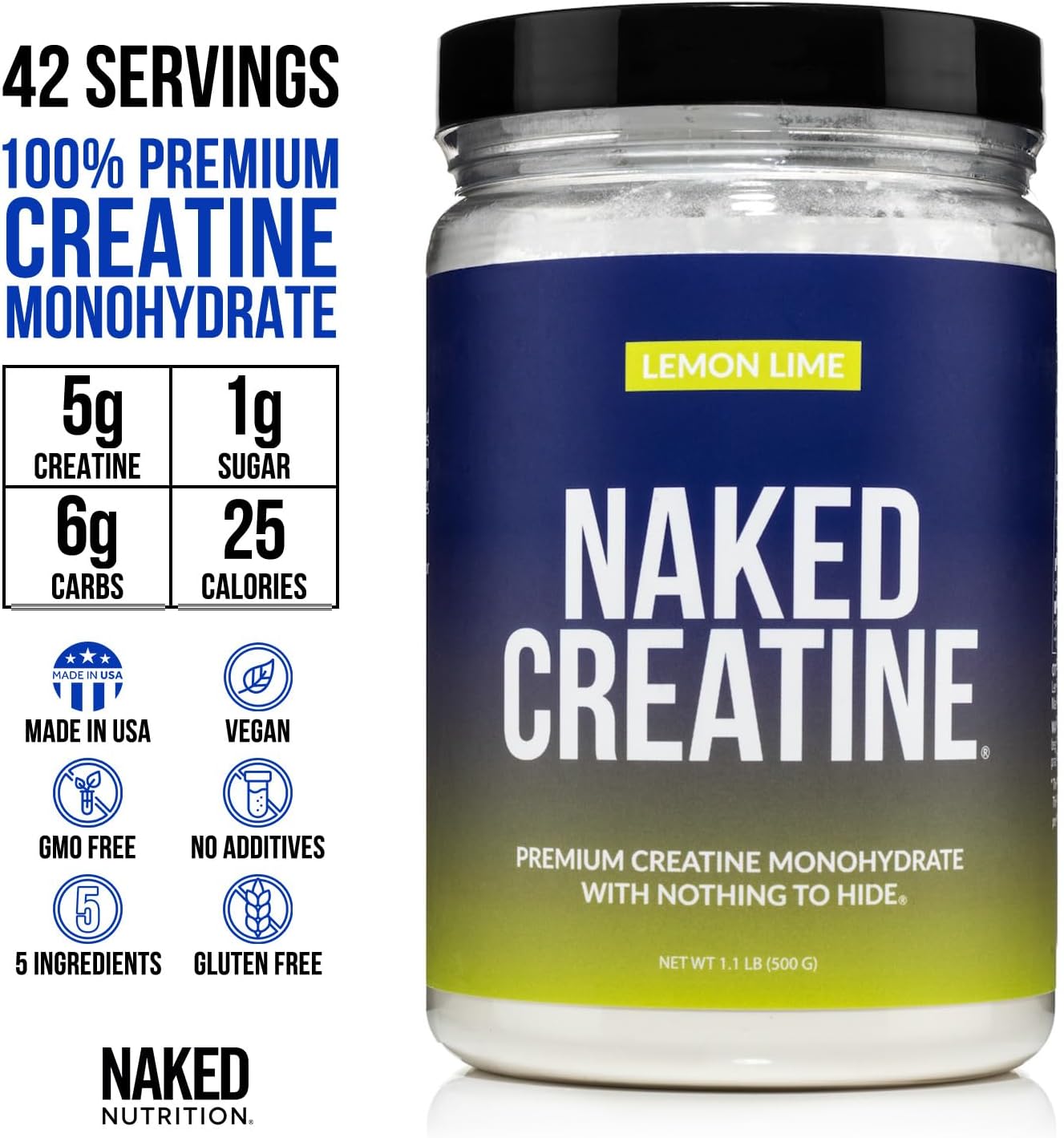 NAKED Pure Micronized Lemon Lime Creatine Monohydrate - 42 Servings - 500 Grams, 1.1Lb Bulk, Vegan, Non-GMO, Gluten Free, Soy Free. Aid Strength Gains, No Additives
