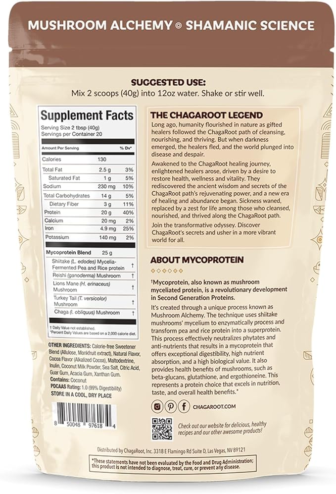 Mycoprotein Mushroom Protein Powder, Chocolate Flavor, 20g Plant Based Protein per Serving, Reishi, Chaga, Lions Mane, Shiitake, Turkey Tail, Vegan, Gluten Free, Coffee, Smoothies, 1.76 lb