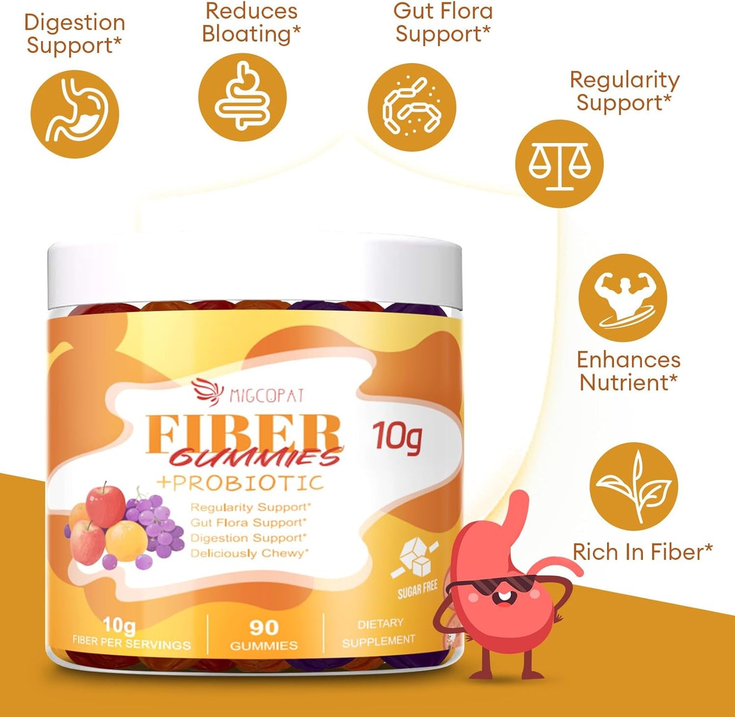 10G Fiber Gummies for Adults - Support Digestive Health - Fiber Supplement with 30 Billion CFU Probiotics Blend, ACV, Vitamin C, Inulin - No Sugar Added - Fruit Flavored - 180 Count
