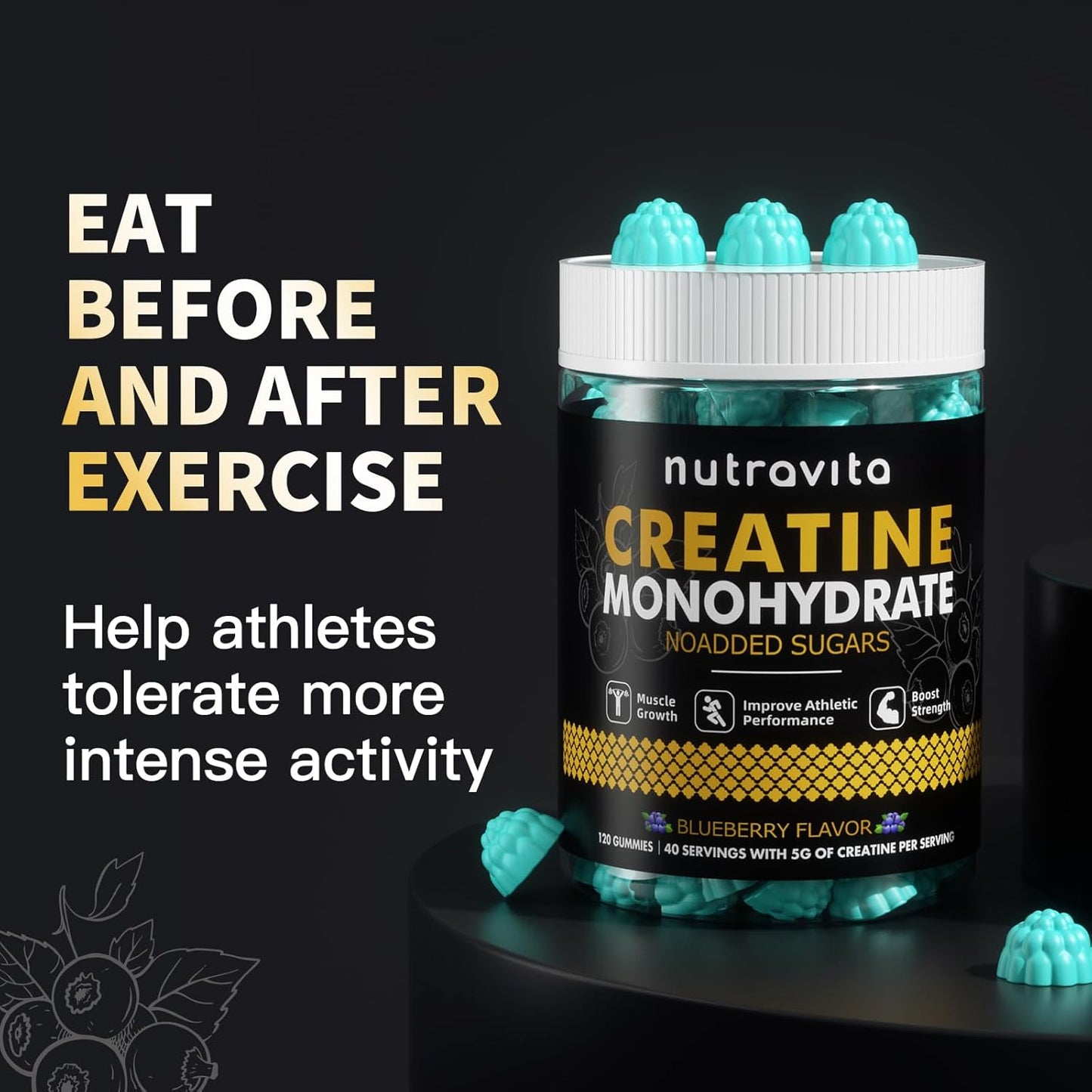 Creatine Monohydrate Gummies for Men & Women-5g of Creatine Monohydrate per Serving - Sugar Free,Vegan, Blueberry Flavor, 120 Count