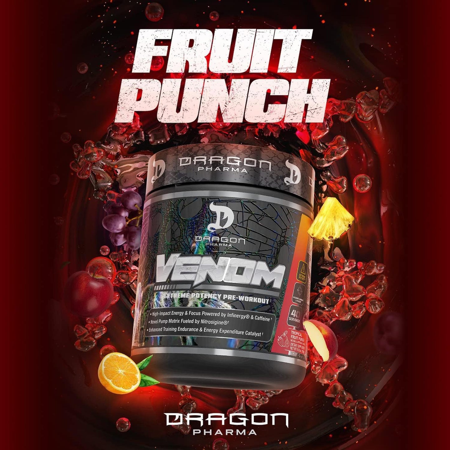 DRAGON PHARMA Venom Extreme Potency Pre-Workout, Laser Sharp Focus + Energy, Intense Performance, Proven Ingredients for Enhanced Vasodilation & Endurance (40 Servings, Fruit Punch)