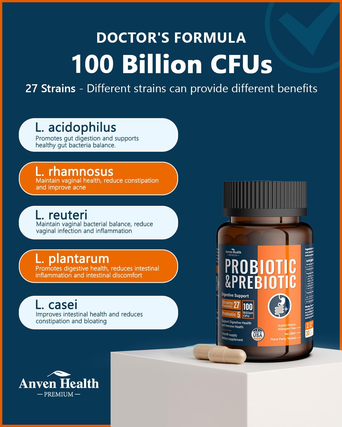 100 Billion Probiotics for Men and Women 27 Strains 5 Organic Prebiotics for Gut Digestive & Immune Health, Supports Diarrhea Gas Bloating, Non-GMO, Zero Fillers – Made in USA丨120 Caps