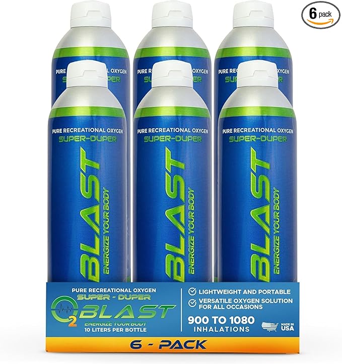 O2 Blast - Pure Oxygen Supplement - Filled with 99.99% Pure Oxygen to Support Fast Recovery, Increase Stamina & Enhanced Focus for High Altitude & Action Sports, 10L Portable Can Flip-Top Cap, 6-Pack