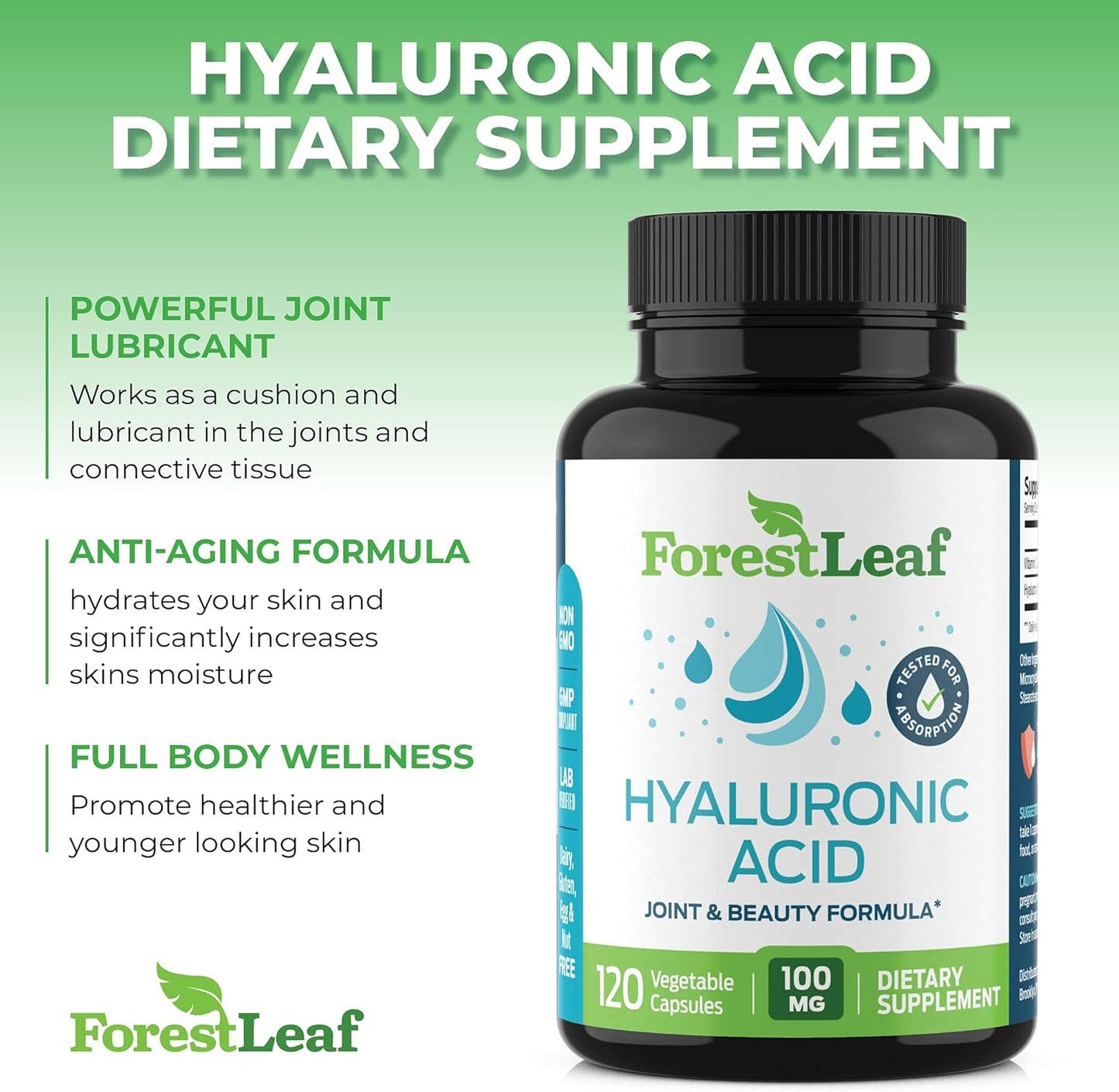 ForestLeaf Hyaluronic Acid Supplements | 100mg High Bioavailable Dietary Hyaluronic Acid Powder Capsules + 50mg VIT C | Supports Skin Hydration, Joint Lubrication, Anti-Aging, Hair & Nails | 120 Caps
