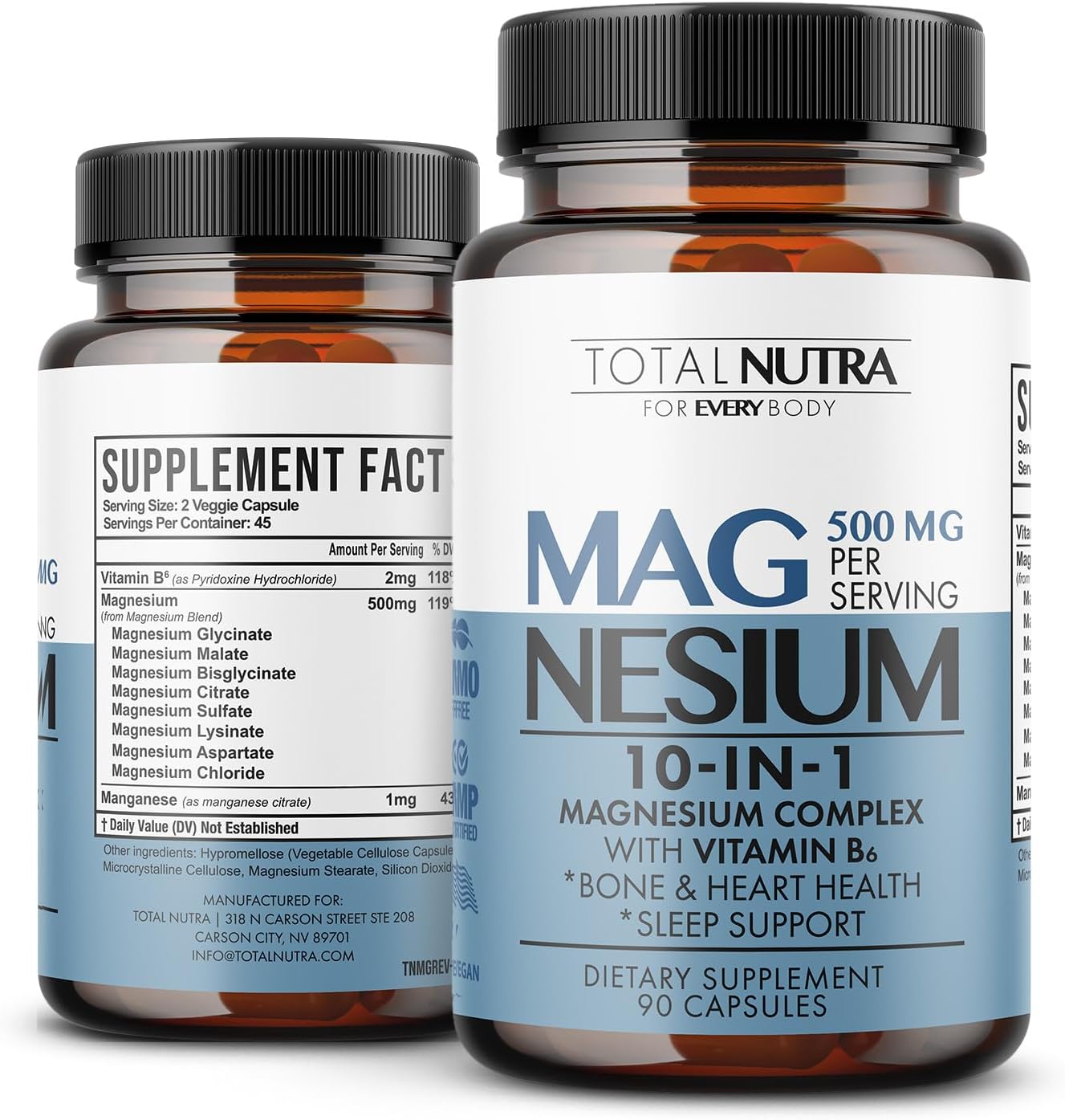10-in-1 Magnesium Supplement 500 mg | High Absorption Magnesium Complex with Mag Glycinate, Citrate, Vitamin B6 Magnesium for Sleep, Muscle, Bone & Heart Health, Vegan & Gluten-Free, 45 Day Supply