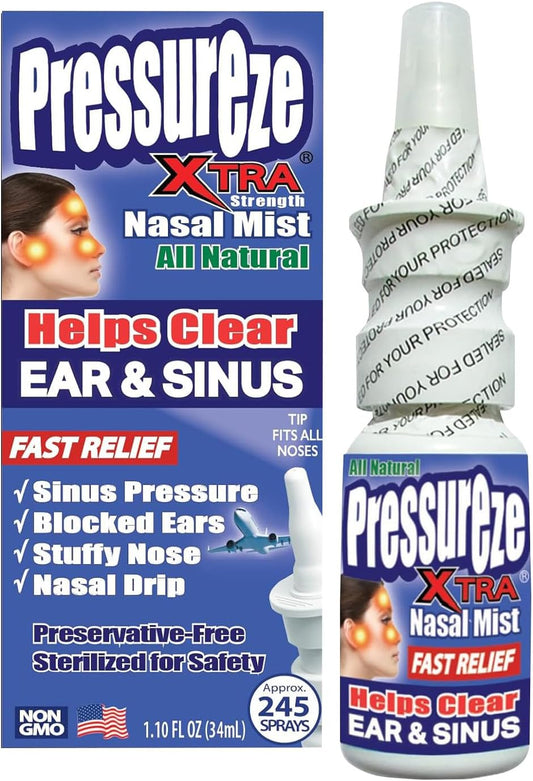 Pressureze Xtra - Natural- Preservative Free - Sterile Nasal Spray - for Severe Sinus Congestion Relief - Opens Blocked Ear Canals, Snoring - 245 Sprays, 34 ml (Pack of 1)