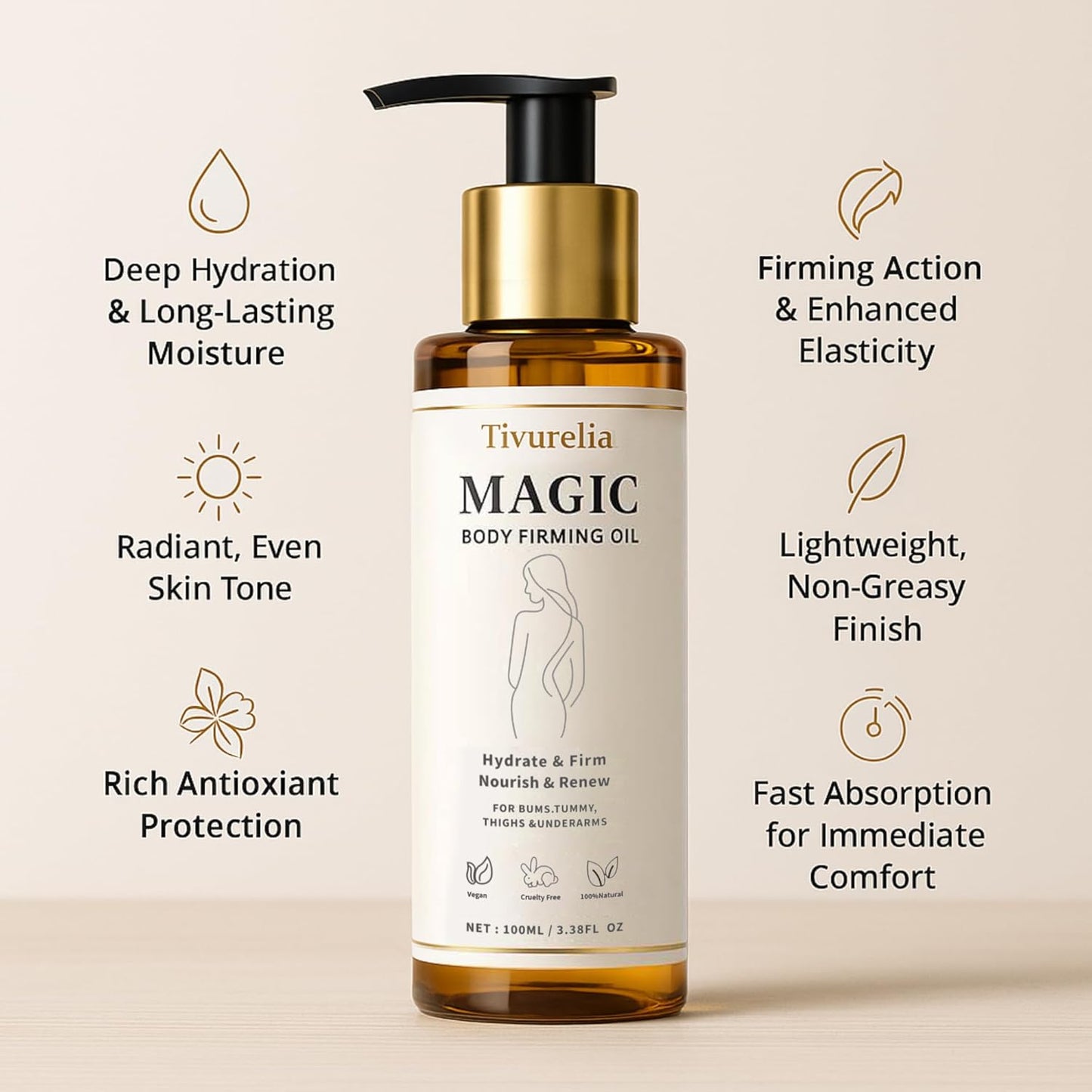 Magic Body Firming Oil – 50,000ppm Sweet Almond Oil + Rosehip & Evening Primrose Oils with Vitamin E & Essential Oils, Deep Hydration, Firming & Radiance, Lightweight Non-Greasy, 3.38 fl oz