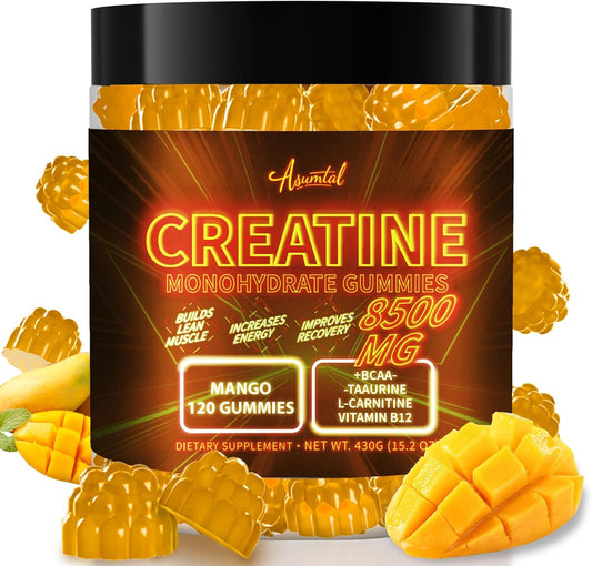Creatine Monohydrate Gummies Complex 8500 MG for Men & Women, Creatine Monohydrate Supplement for Muscle Growth, Strength & Energy Support, Pre Workout Gummies 120 Count Mango Flavor
