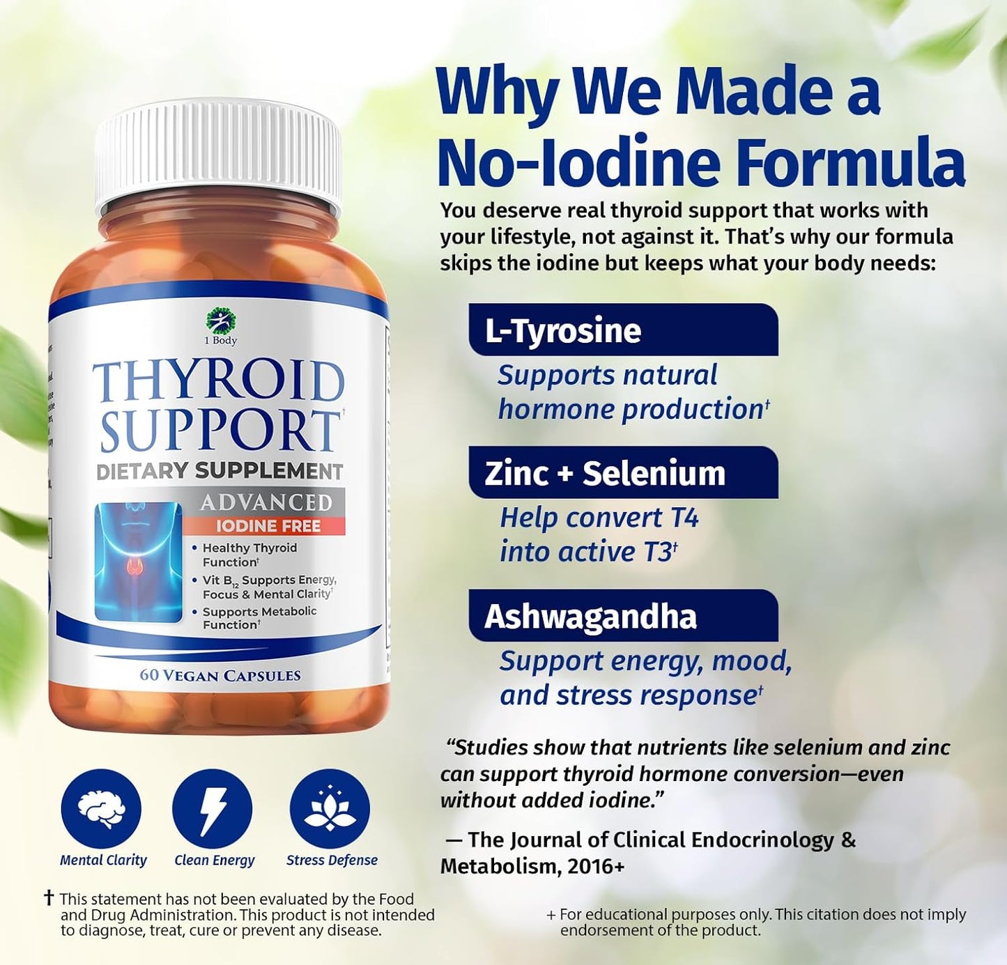 1 Body Thyroid Support Supplement, Iodine-Free, Vegan, with L-Tyrosine and Ashwagandha, 60 Capsules