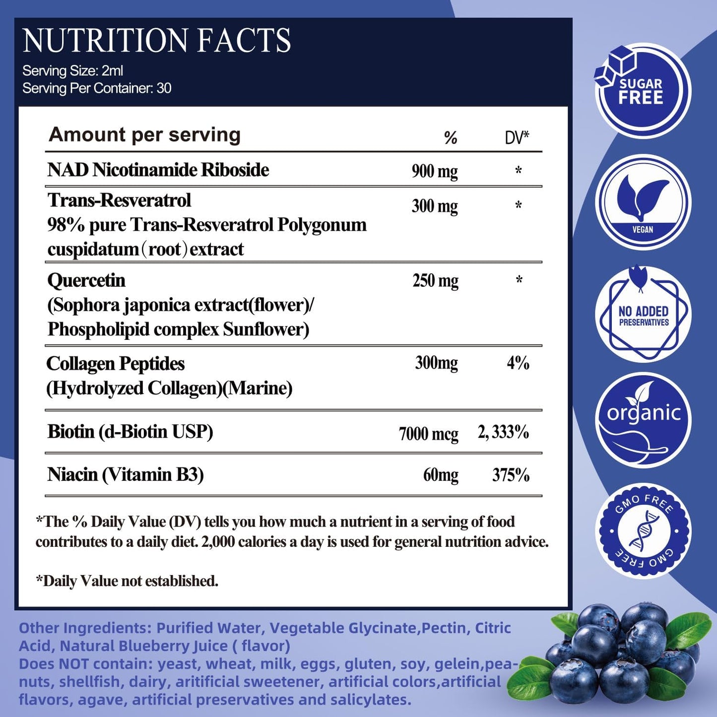 2 Pack NAD Supplements for Women & Men, NAD Nicotinamide Riboside Resveratrol 900mg & Quercetin, Niacin, Collagen, Biotin, Liquid NAD Plus Supplement NR900 For Anti-Aging Skin Energy Longevity Focus