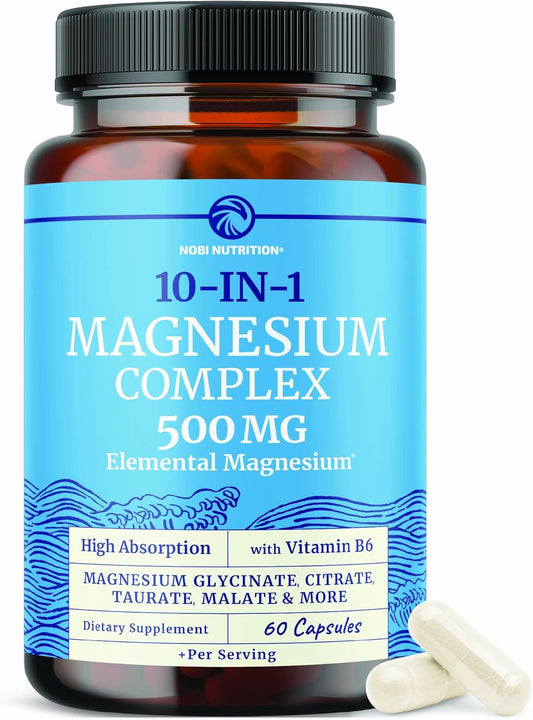10 in 1 Magnesium Complex Supplement 500MG | Magnesium Citrate, Mag Glycinate, Malate & More | High Absorption Mag Complex with Vitamin B6 | Bone, Muscle & Heart Health Support | Non-GMO | 60 Ct.