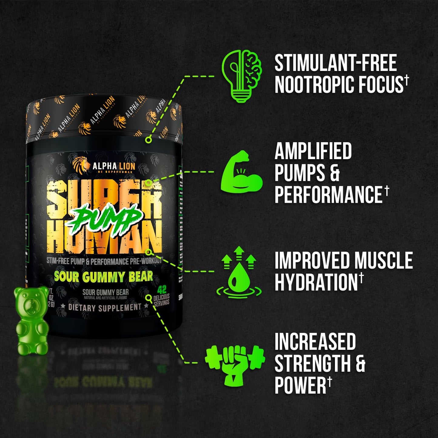 ALPHA LION Superhuman Pump Pre Workout Powder, Nootropic Caffeine & Stim Free Preworkout Supplement, Nitric Oxide Booster, Muscle Gainer, Energy & Focus (42 Servings, Sour Gummy Bear)