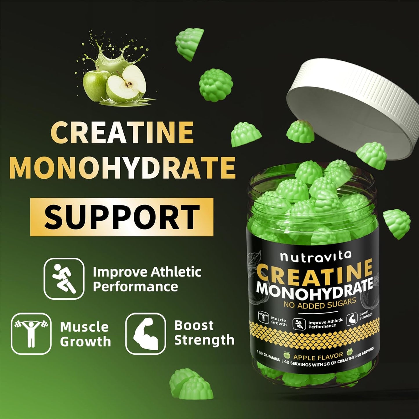 Creatine Monohydrate Gummies for Men & Women-5g of Creatine Monohydrate per Serving - Sugar Free,Vegan, Apple Flavor, 120 Count
