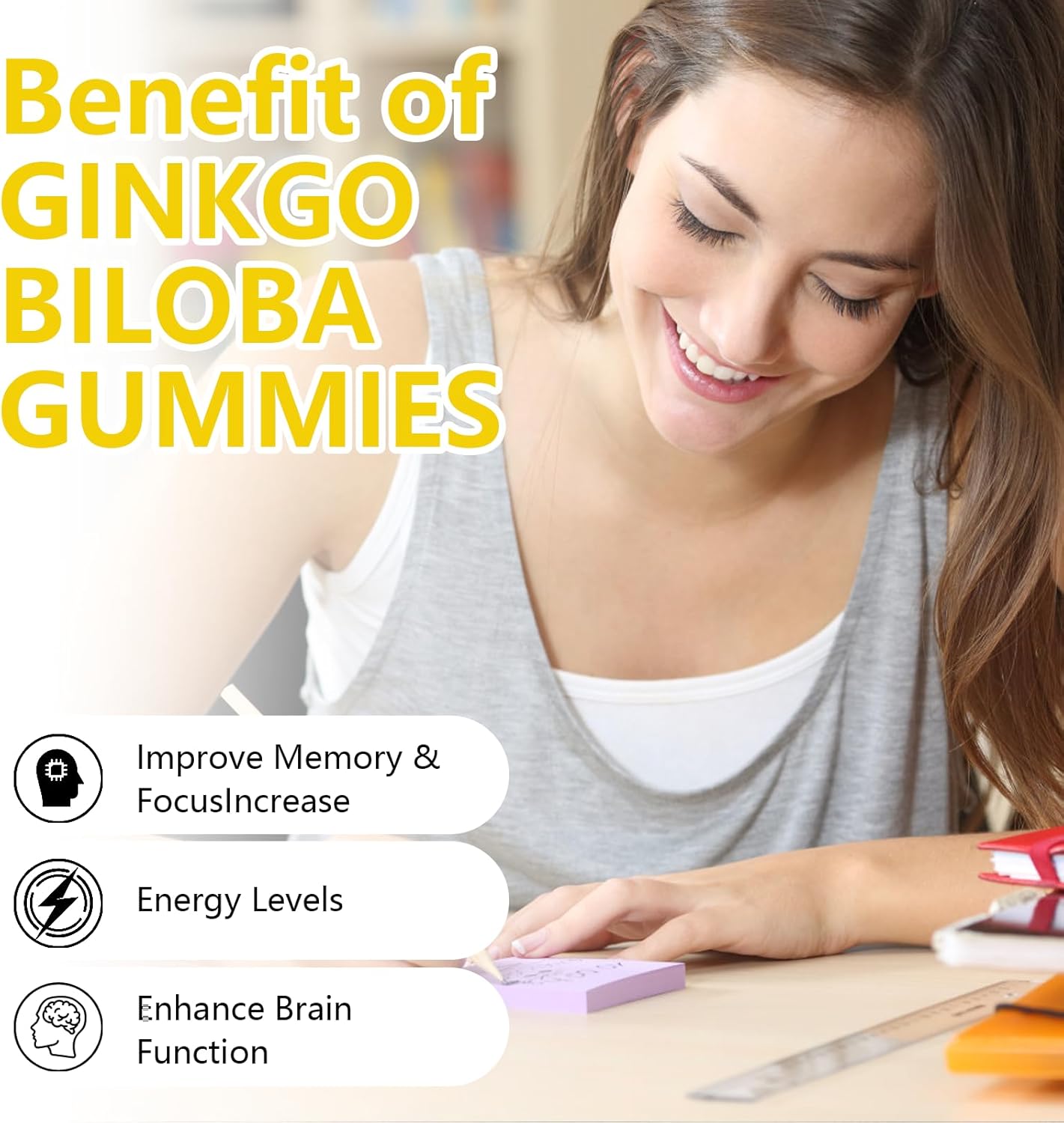 2 Packs 2000mg Ginkgo Biloba Gummies - Ginkgo Biloba Supplements for Brain Health Support, Improve Mood and Focus, Energy, Adult, Strawberry Flavor, 120 Count