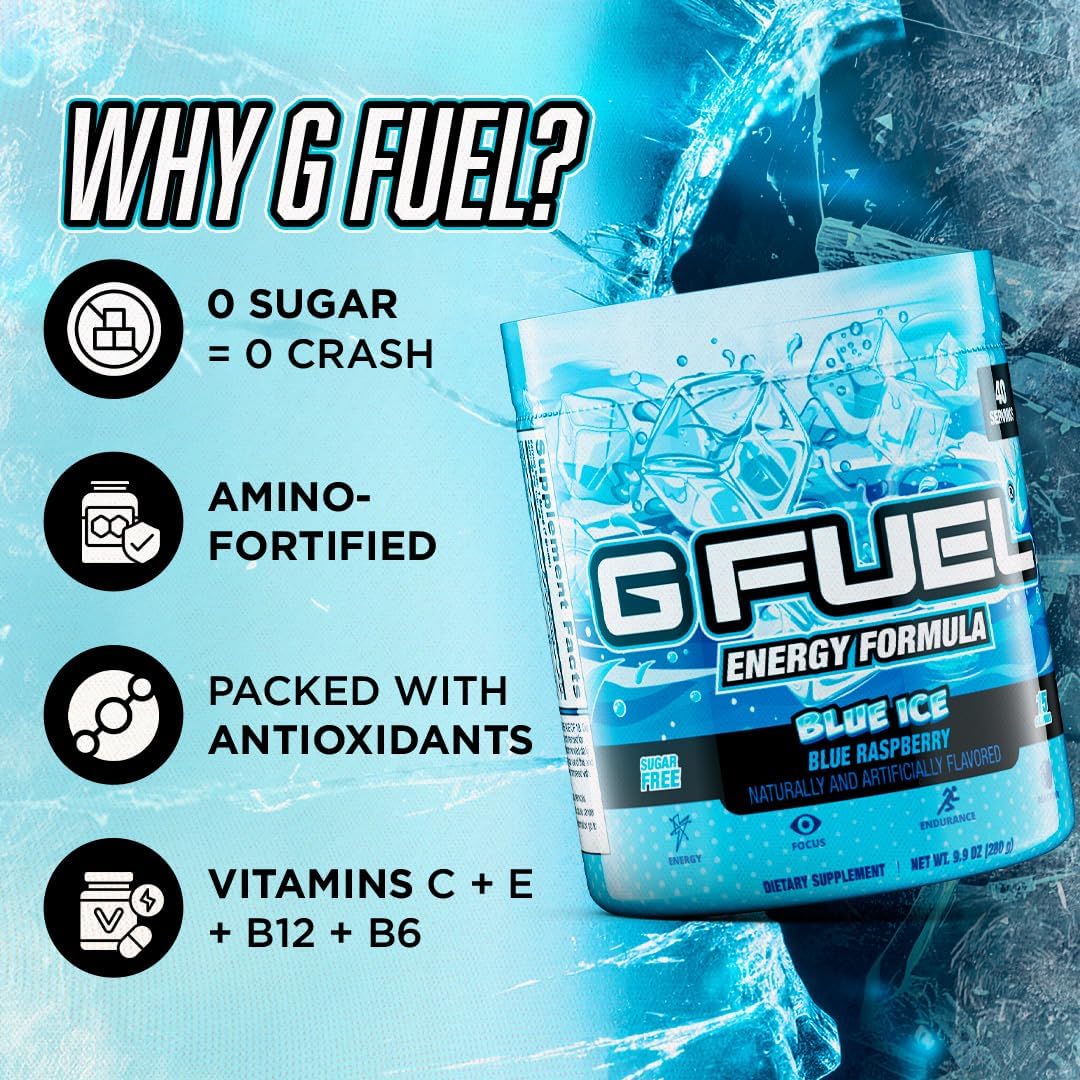 G Fuel Blue Ice Energy Drink Powder, Pre Workout Caffeine Mix for Gaming, Sugar Free Focus Amino, Vitamin + Antioxidants, 9.9oz (Blue Raspberry, 40 Servings)