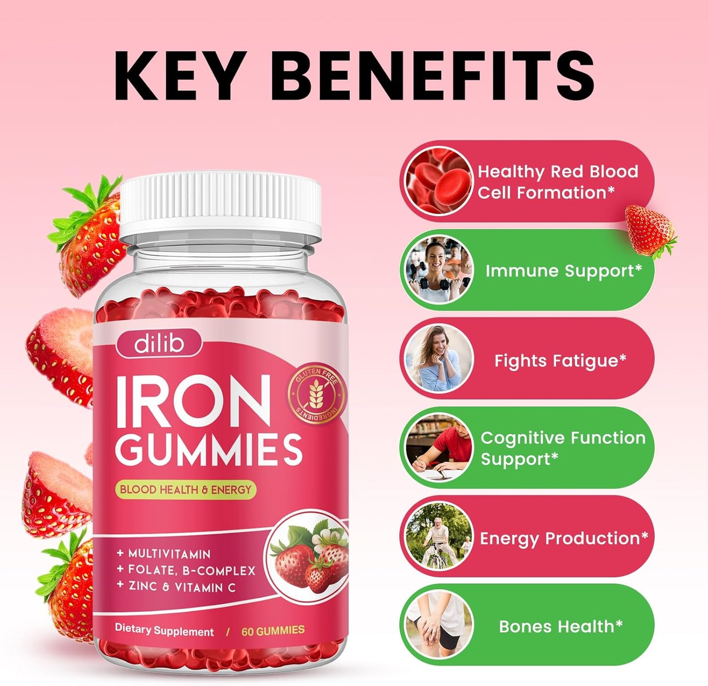 2 Pack Iron Gummies with Multivitamin, Iron Supplement for Women & Men with Zinc, Vitamin B Complex & C, B12, Folate - Blood Builder & Energy Support for Adults & Kids - Strawberry Flavor, Vegan 120ct