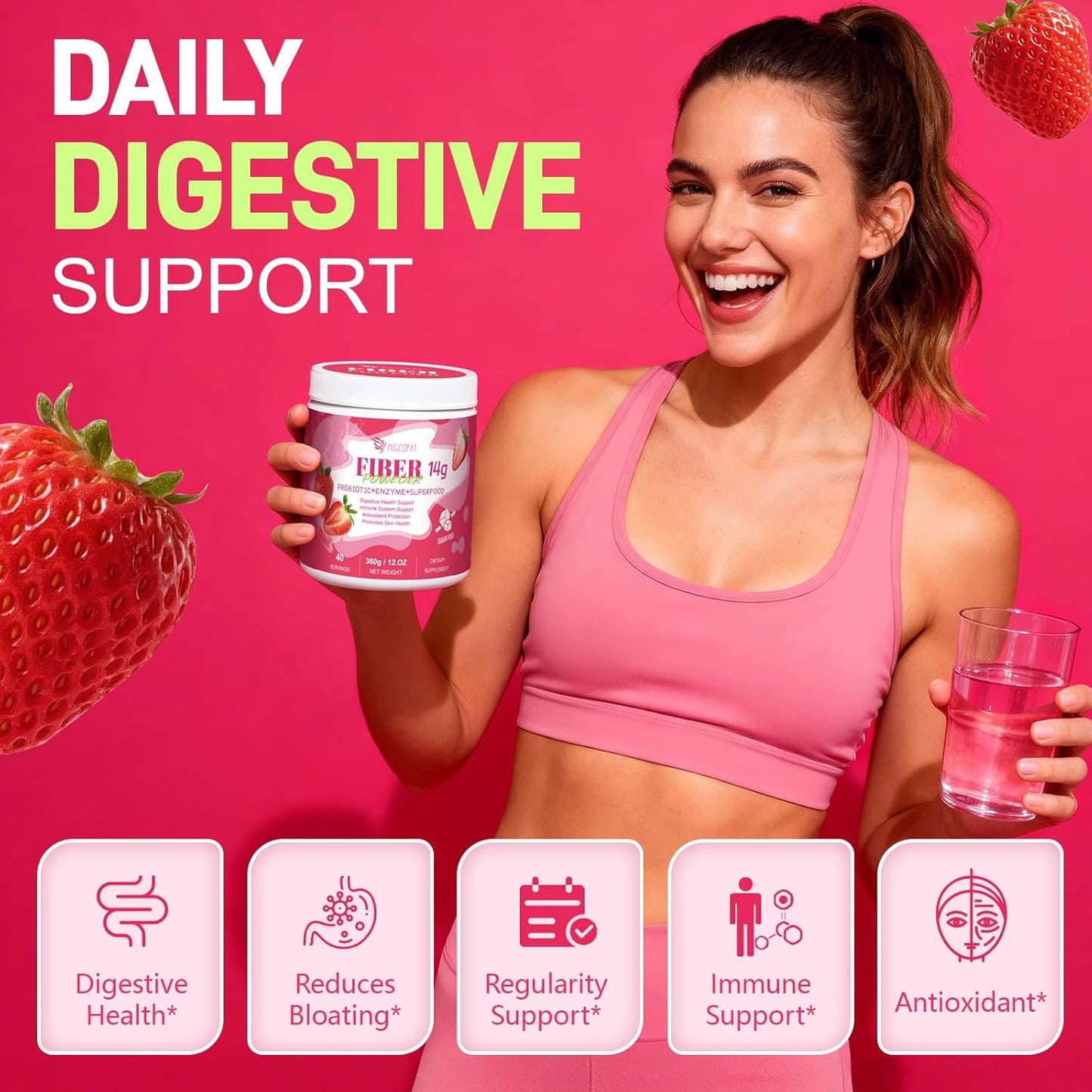 14G Fiber Supplement with Probiotics, Prebiotics, Digestive Enzymes, Vitamin C, Magnesium, Fruit&Herb Powder, Fiber Powder for Digestive Health & Skin Health, No Sugar, Strawberry, 40 Serv.