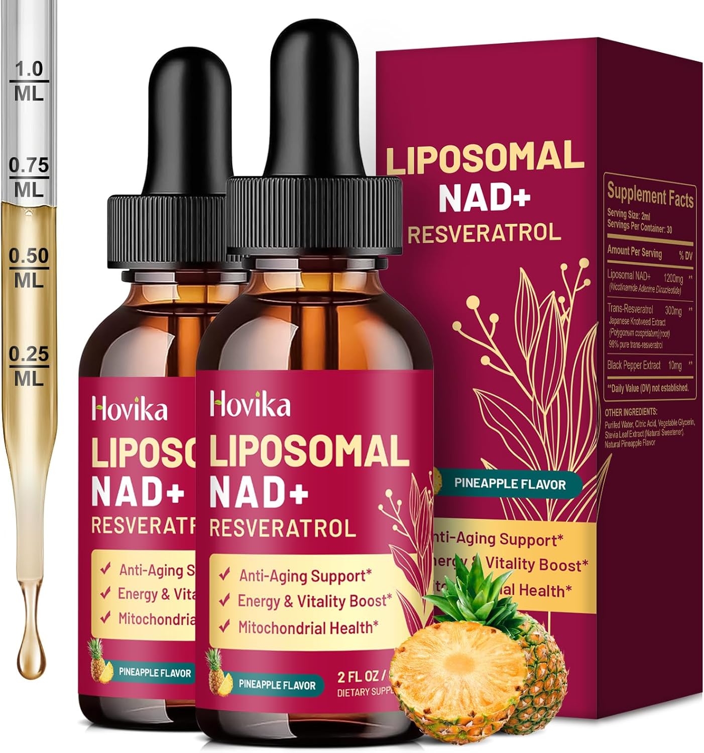 2 Pack Liposomal NAD Supplement - 1200mg NAD+ Liquid Drops for Women & Men with Resveratrol, Black Pepper Extract - Support Anti-Aging, Brain & Cellular Mitochondrial Health - Pineapple Flavor
