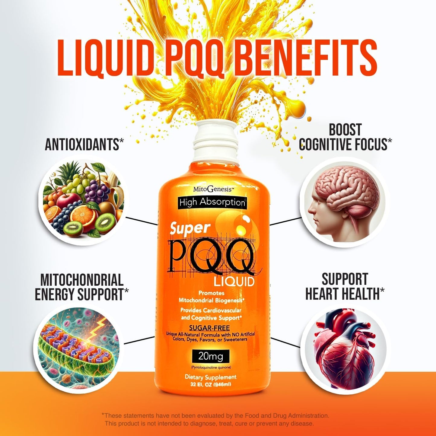 Mitogenesis - Super PQQ Liquid - Highly Absorbable Pyrroloquinoline Quinone 20 Milligram, Best Liquid PQQ for Mitochondrial Biogenesis, Supports Heart Health, Cognitive Function and Mental Focus