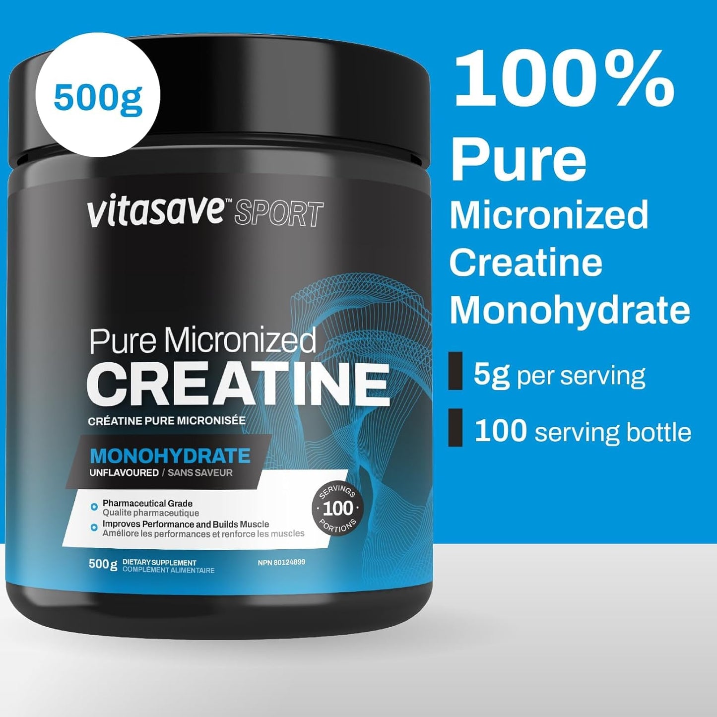 Micronized Creatine Monohydrate Powder – 100% Pure Creatine for Muscle Growth, Strength & Performance – Fast-Absorbing, Ultra-Fine & Unflavored – Vegan – 100 Servings (500g, Made in Canada)