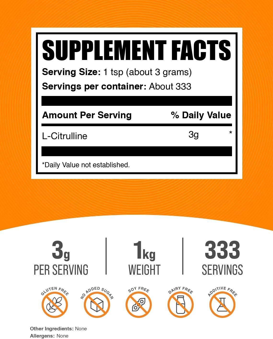 BulkSupplements.com L-Citrulline Powder - Citrulline Supplement, Nitric Oxide Supplement - Unflavored & Gluten Free - 3g per Servings, 1kg (2.2 lbs) (Pack of 1)