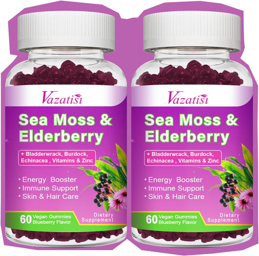 2 Pack Elderberry Gummies with Sea Moss, Extra Strength Elderberry with Vitamin C, Zinc for Immune Support for Adults, Kids, Women & Men, Blueberry Flavor 120Cts